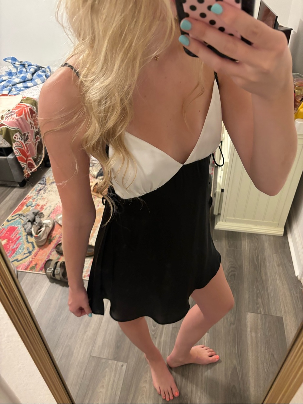 Free People Black & White Satin Slip Mini Dress